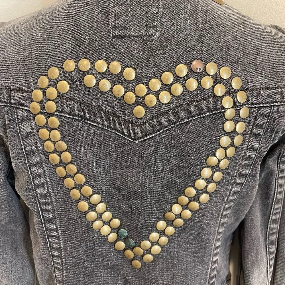 Vintage Free People Heart Studded Charcoal/Black Denim Jacket - Picture 4 of 11